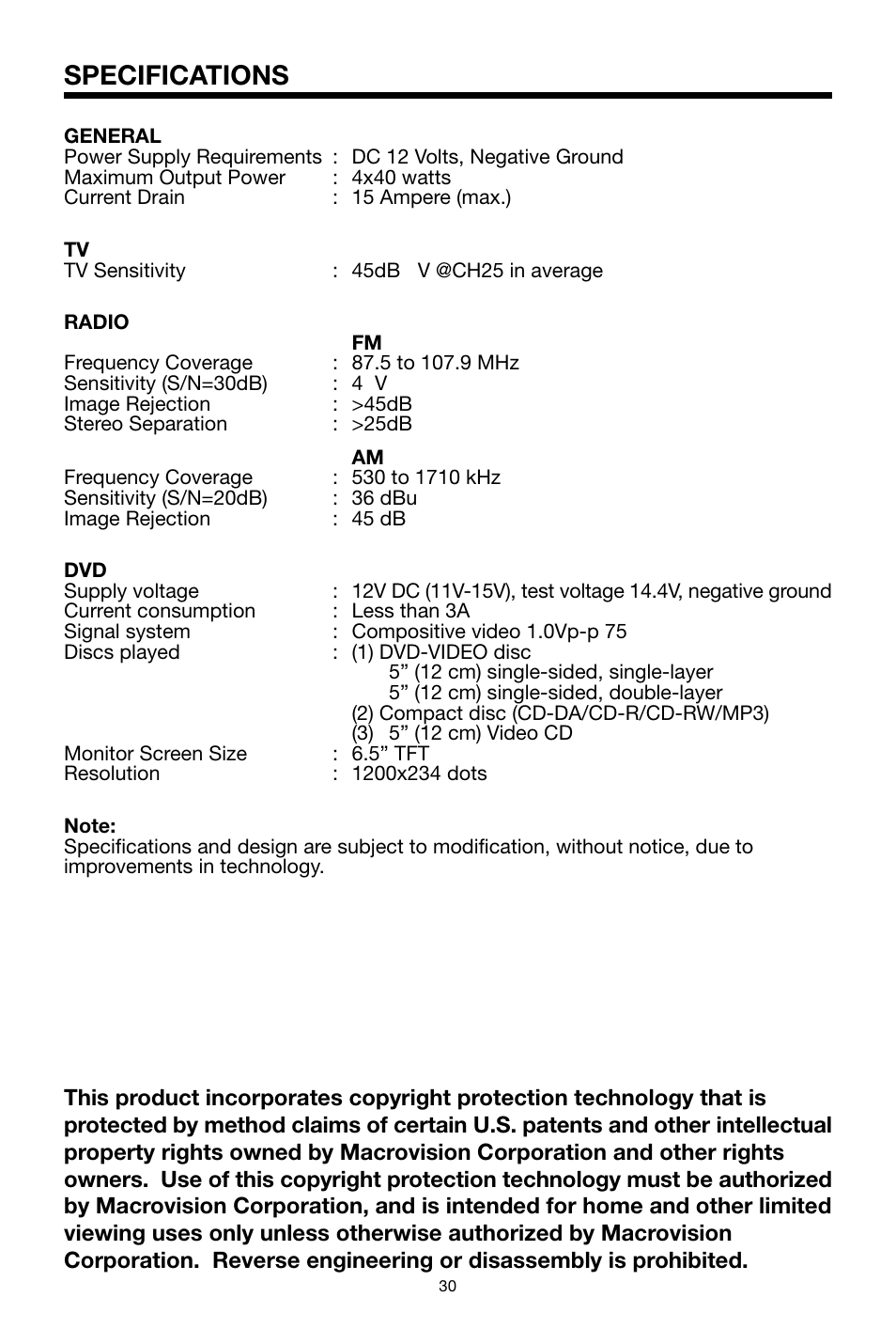 Specifications | PYLE Audio PLPK65TVD User Manual | Page 30 / 47