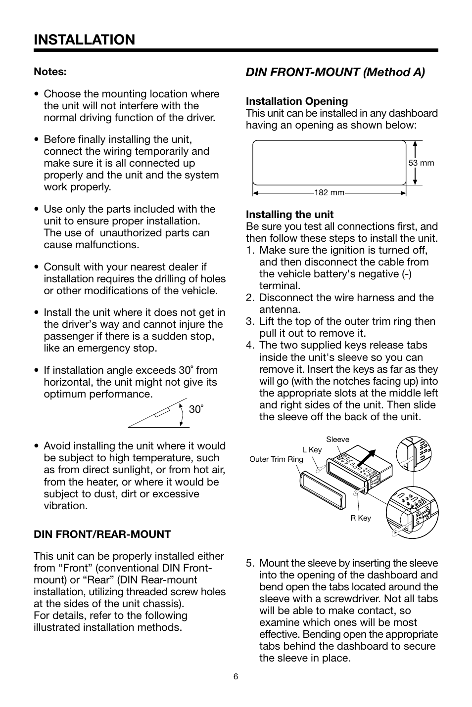 Installation, Din front-mount (method a) | PYLE Audio PLPK65TVD User Manual | Page 6 / 47