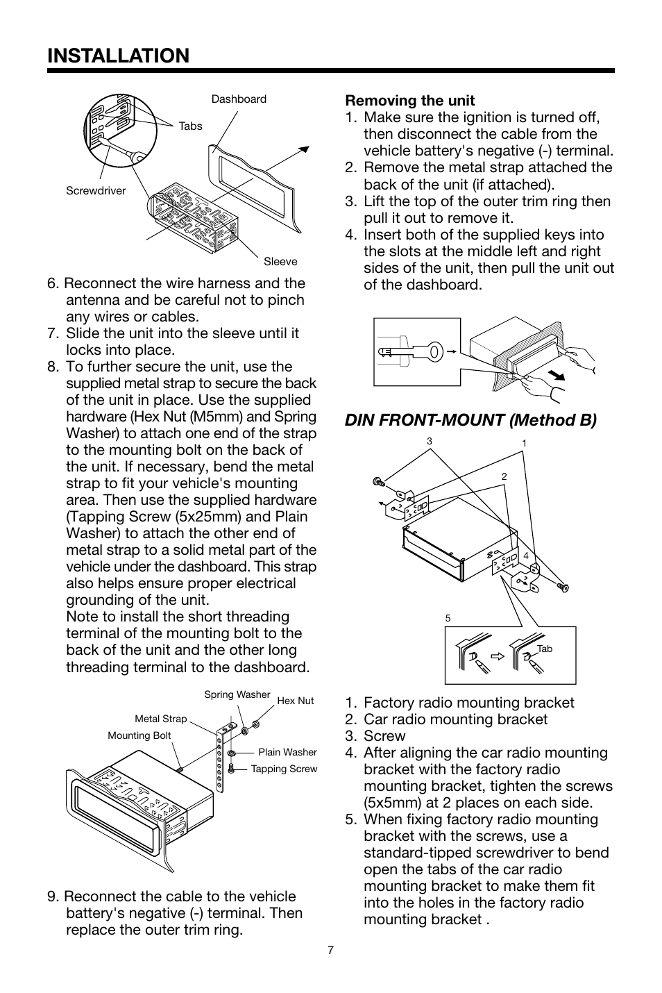 Installation, Din front-mount (method b) | PYLE Audio PLPK65TVD User Manual | Page 7 / 47