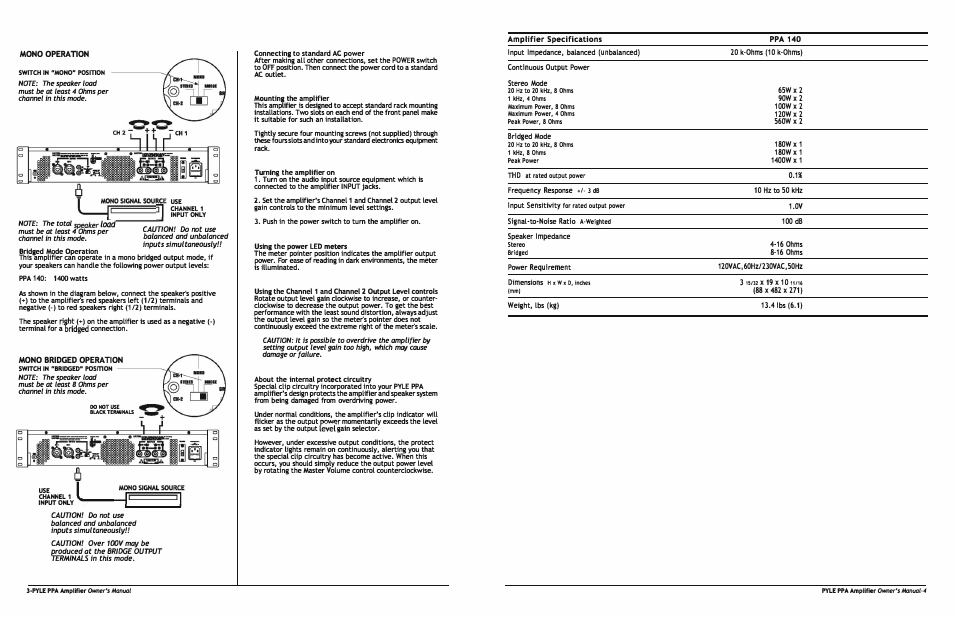 Switch in "mono" position, Use channel, Input only | Switch in "bridged" position, Pyle ppa | PYLE Audio PPA140 User Manual | Page 3 / 3