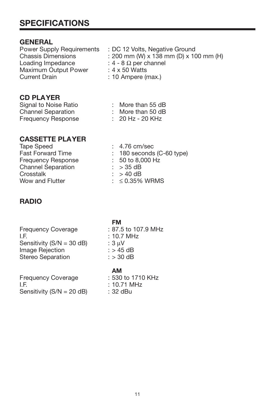 Specifications | PYLE Audio PLCDCS300 User Manual | Page 11 / 16