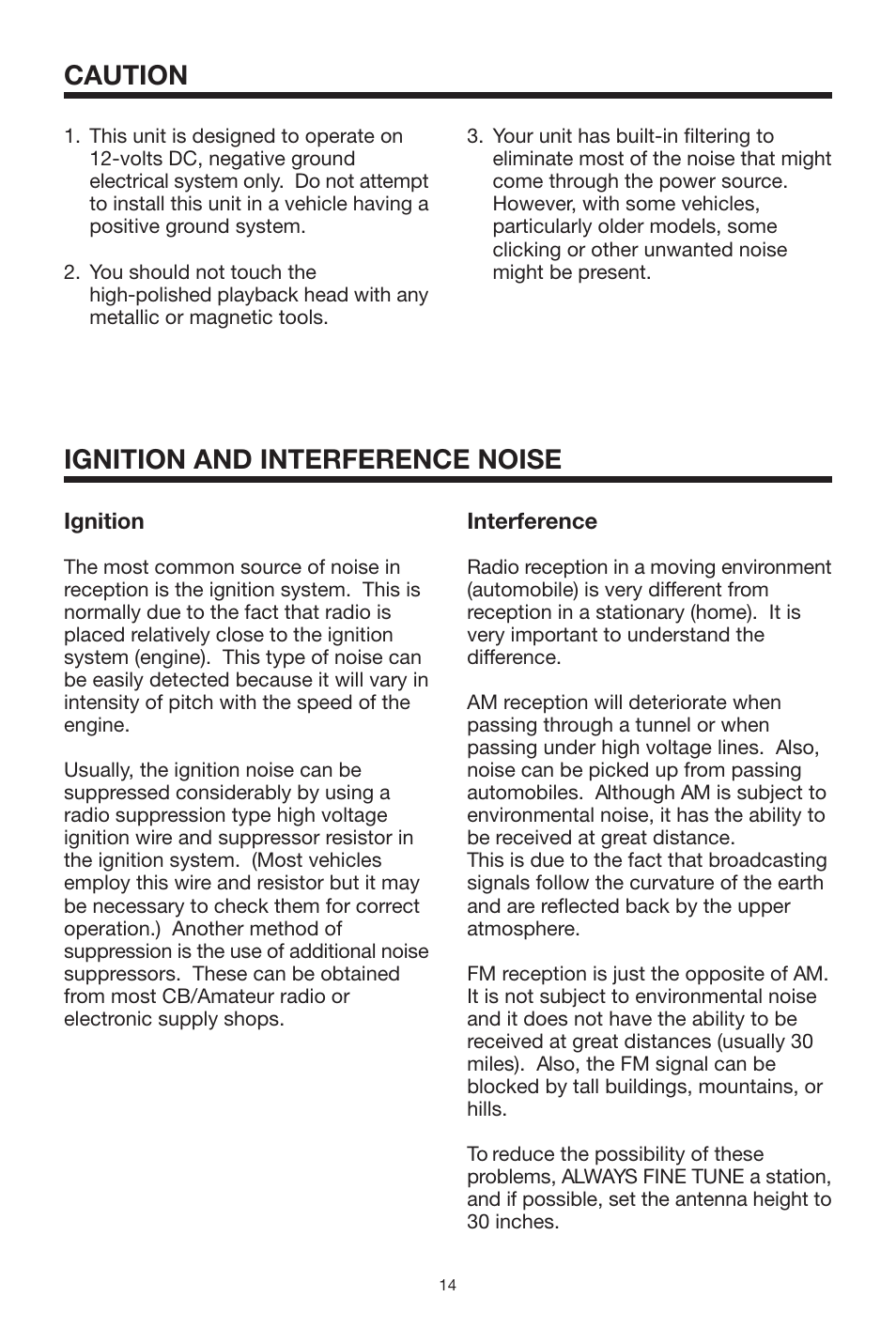 Caution, Ignition and interference noise | PYLE Audio PLCDCS300 User Manual | Page 14 / 16