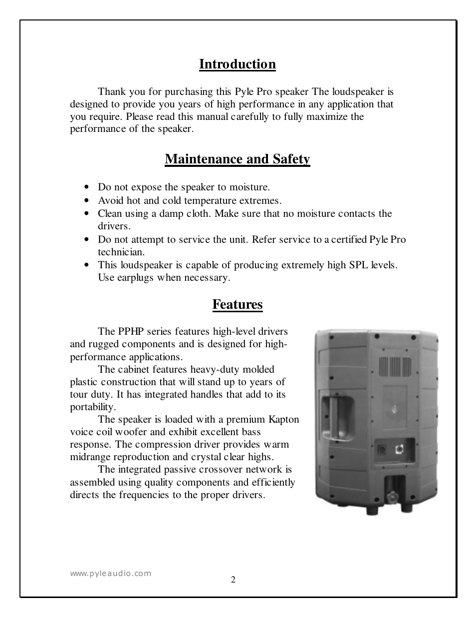 Introduction, Maintenance and safety, Features | PYLE Audio PPHP1259 User Manual | Page 2 / 7
