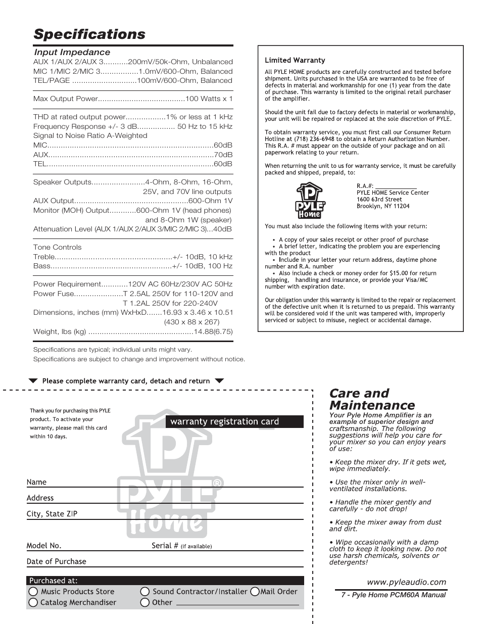 Specifications | PYLE Audio PCM60A User Manual | Page 8 / 8