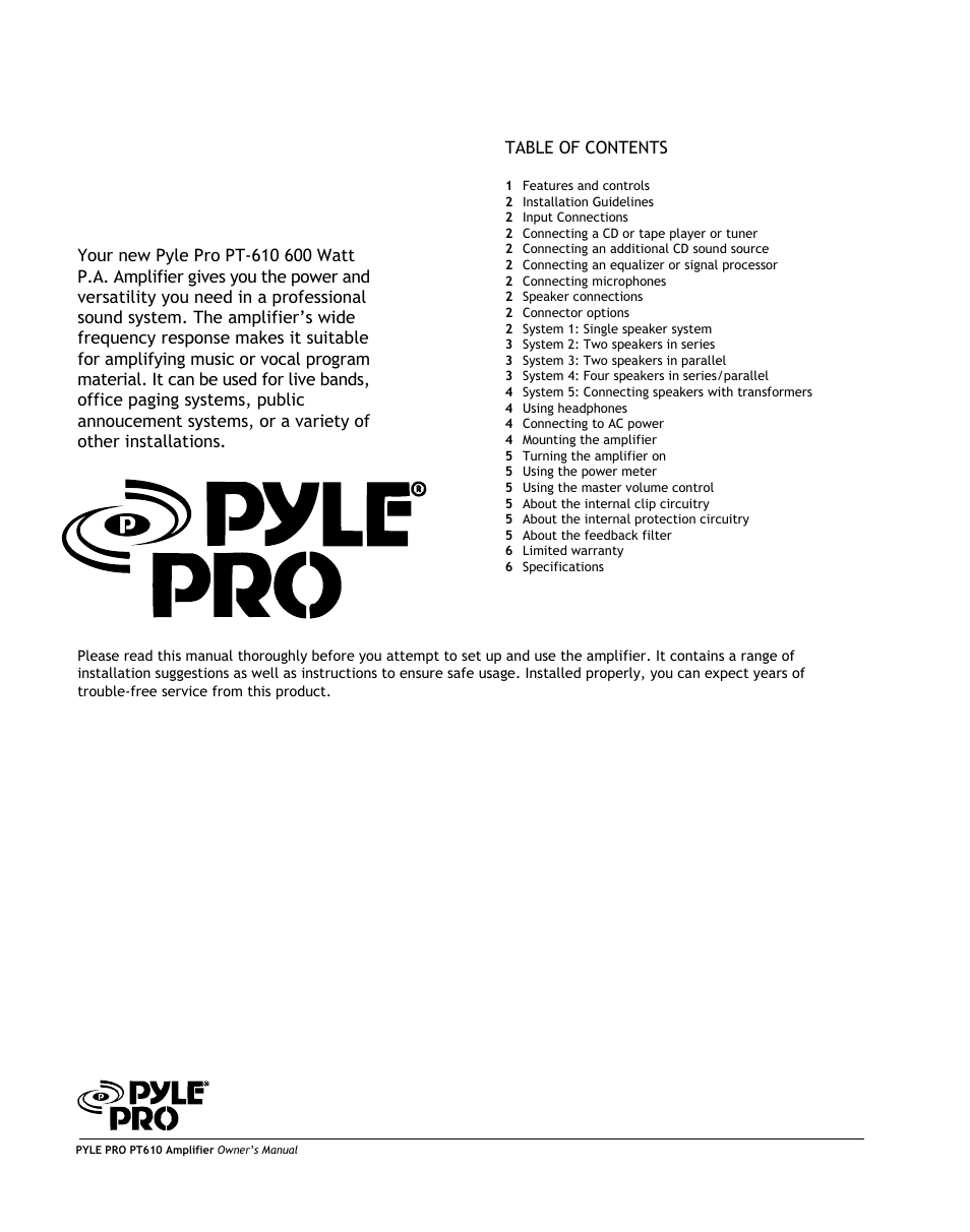 PYLE Audio PT610 User Manual | Page 2 / 6