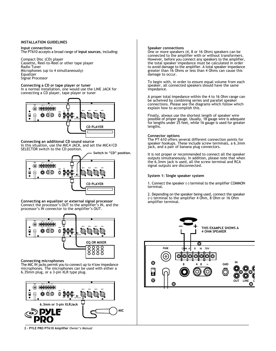 Eq or mixer, Cd player, Cd player switch in “cd” position | Mic 6.3mm or 3-pin xlrjack, This example shows a 4 ohm speaker | PYLE Audio PT610 User Manual | Page 4 / 6