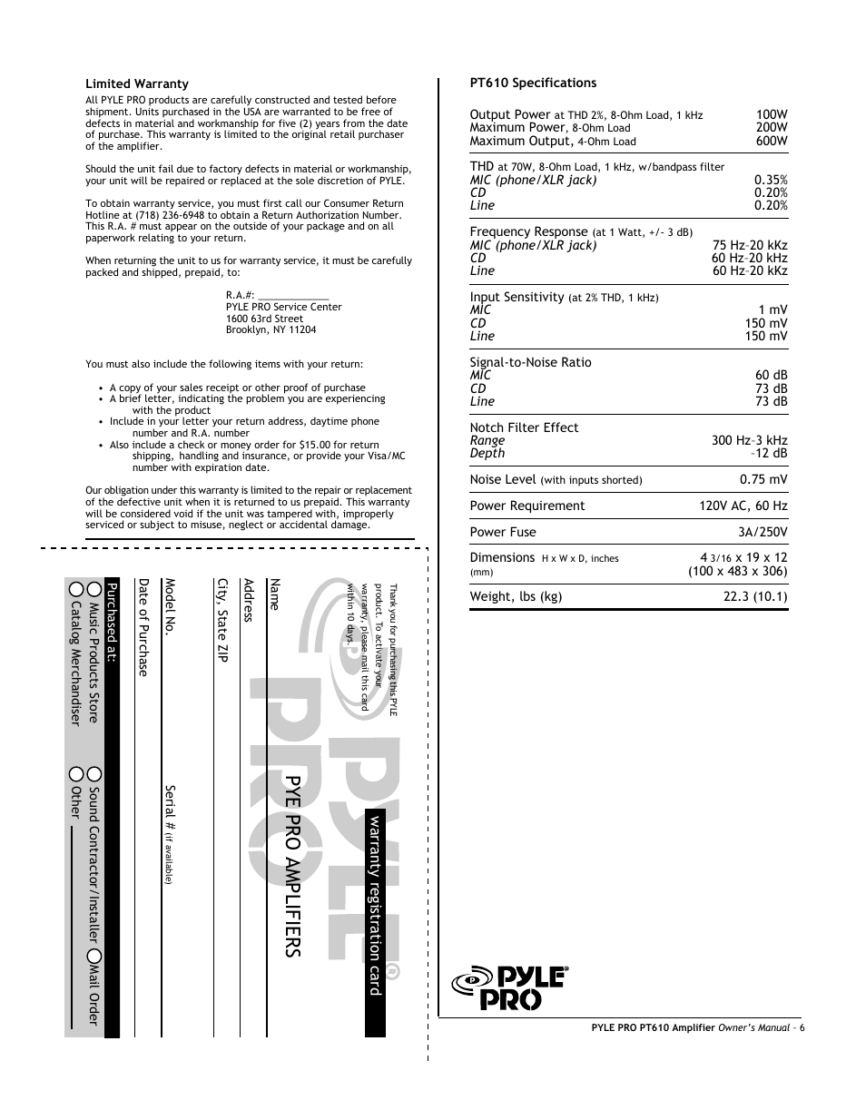 Pye pro amplifiers | PYLE Audio PT610 User Manual | Page 6 / 6