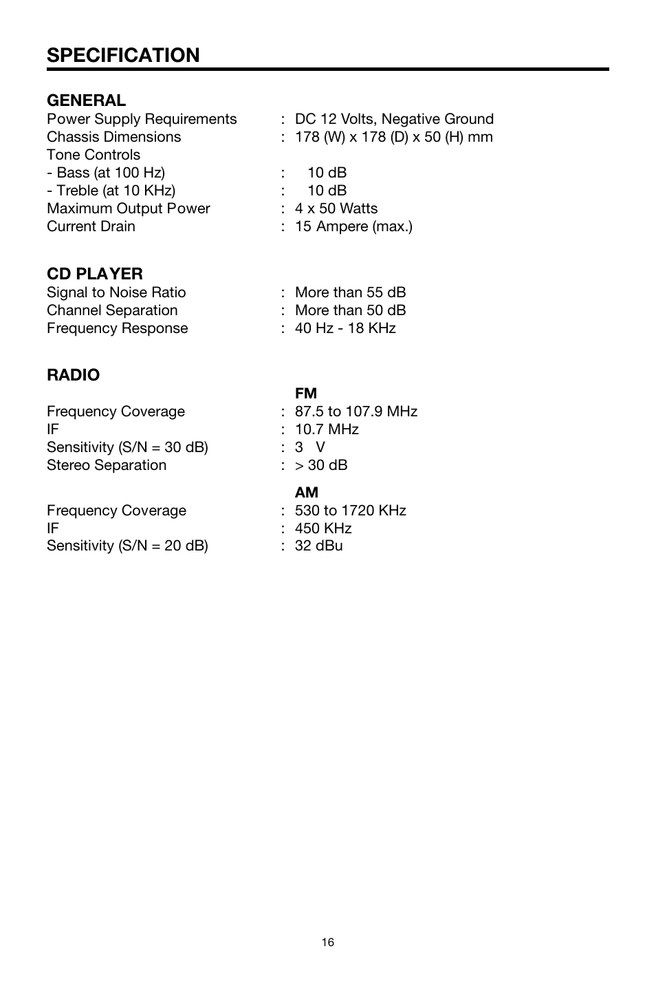 Specification | PYLE Audio PLCD16MRWB User Manual | Page 16 / 20