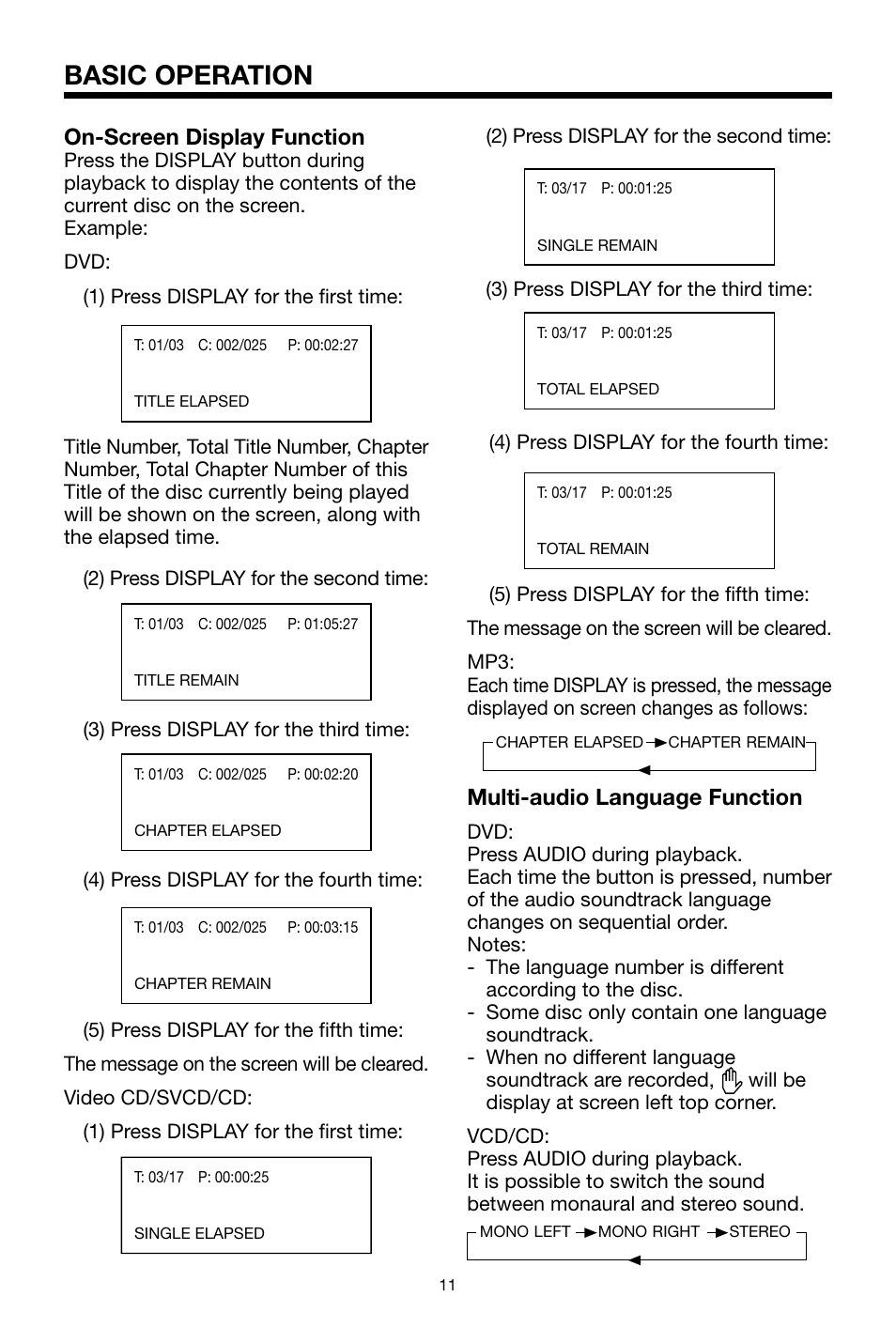 Basic operation, Multi-audio language function, On-screen display function | PYLE Audio PLDVD134F User Manual | Page 11 / 20