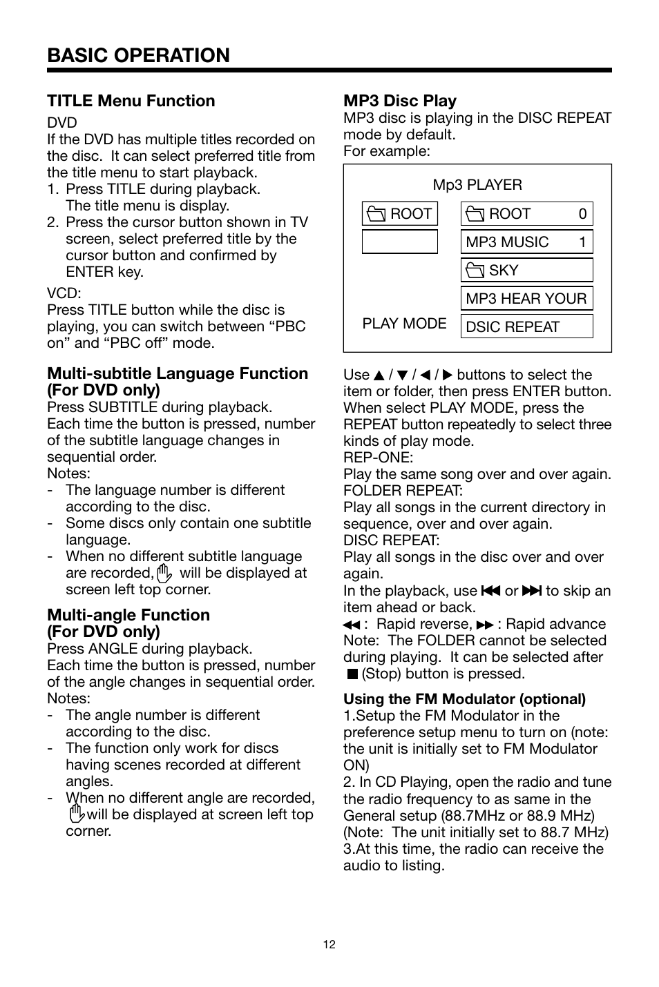 Basic operation | PYLE Audio PLDVD134F User Manual | Page 12 / 20