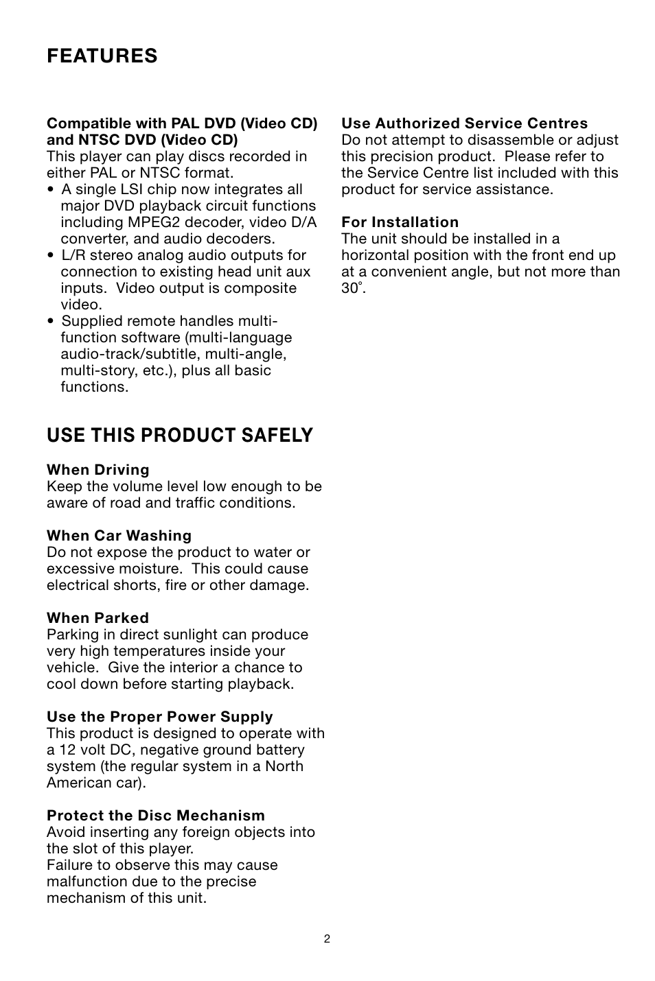 Features, Use this product safely | PYLE Audio PLDVD134F User Manual | Page 2 / 20