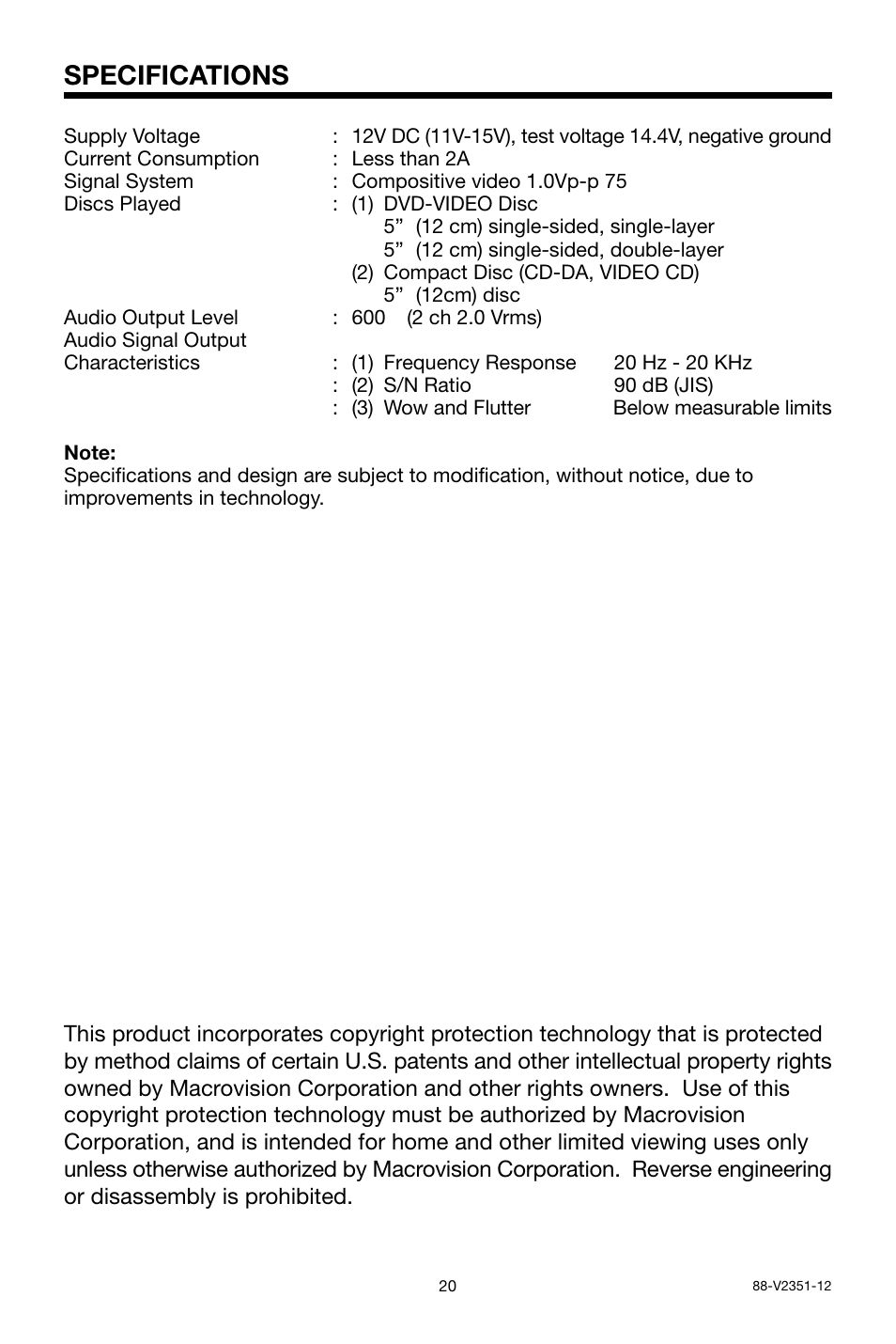 Specifications | PYLE Audio PLDVD134F User Manual | Page 20 / 20