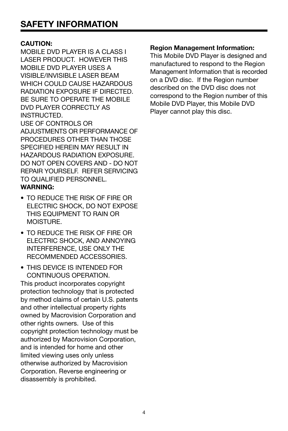 Safety information | PYLE Audio PLDVD134F User Manual | Page 4 / 20