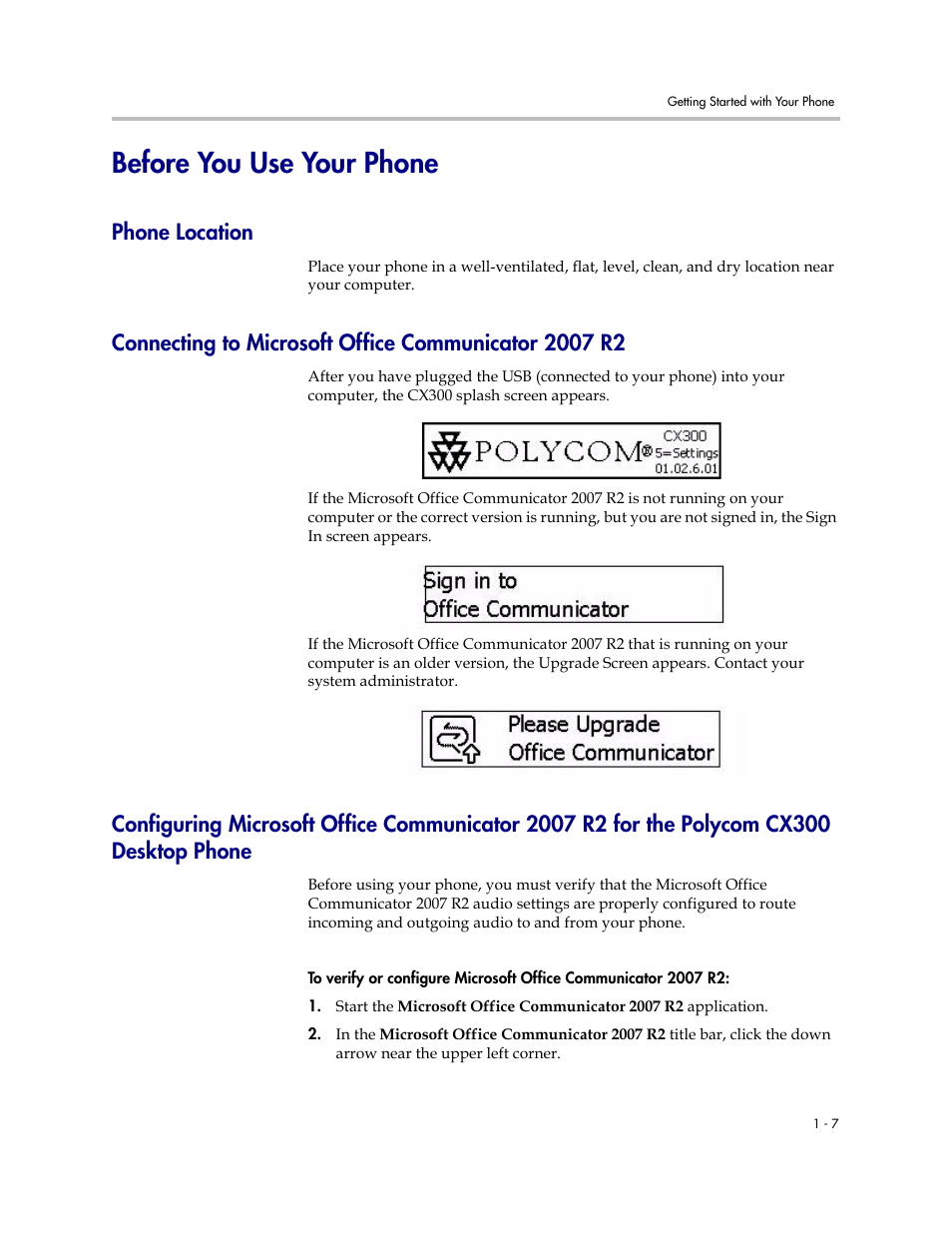 Before you use your phone, Phone location, Before you use your phone –7 | Polycom cx300 desktop phone –7 | PYLE Audio CX300 User Manual | Page 13 / 36