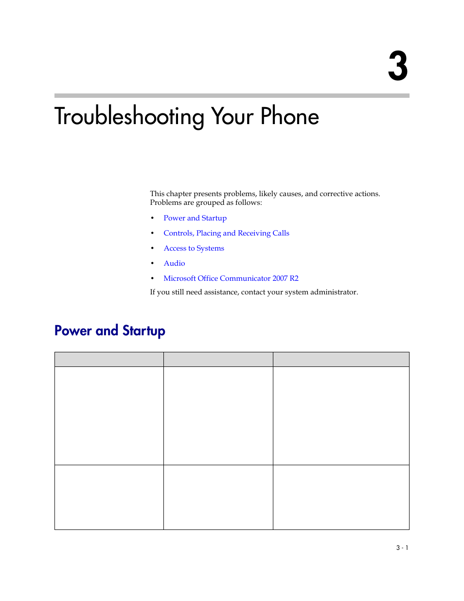 Troubleshooting your phone, Power and startup, 3 troubleshooting your phone –1 | Power and startup –1 | PYLE Audio CX300 User Manual | Page 27 / 36