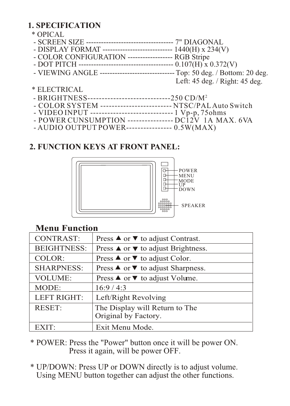 Menu function, Specification, Function keys at front panel | PYLE Audio View Series PLVSMN7 User Manual | Page 2 / 3