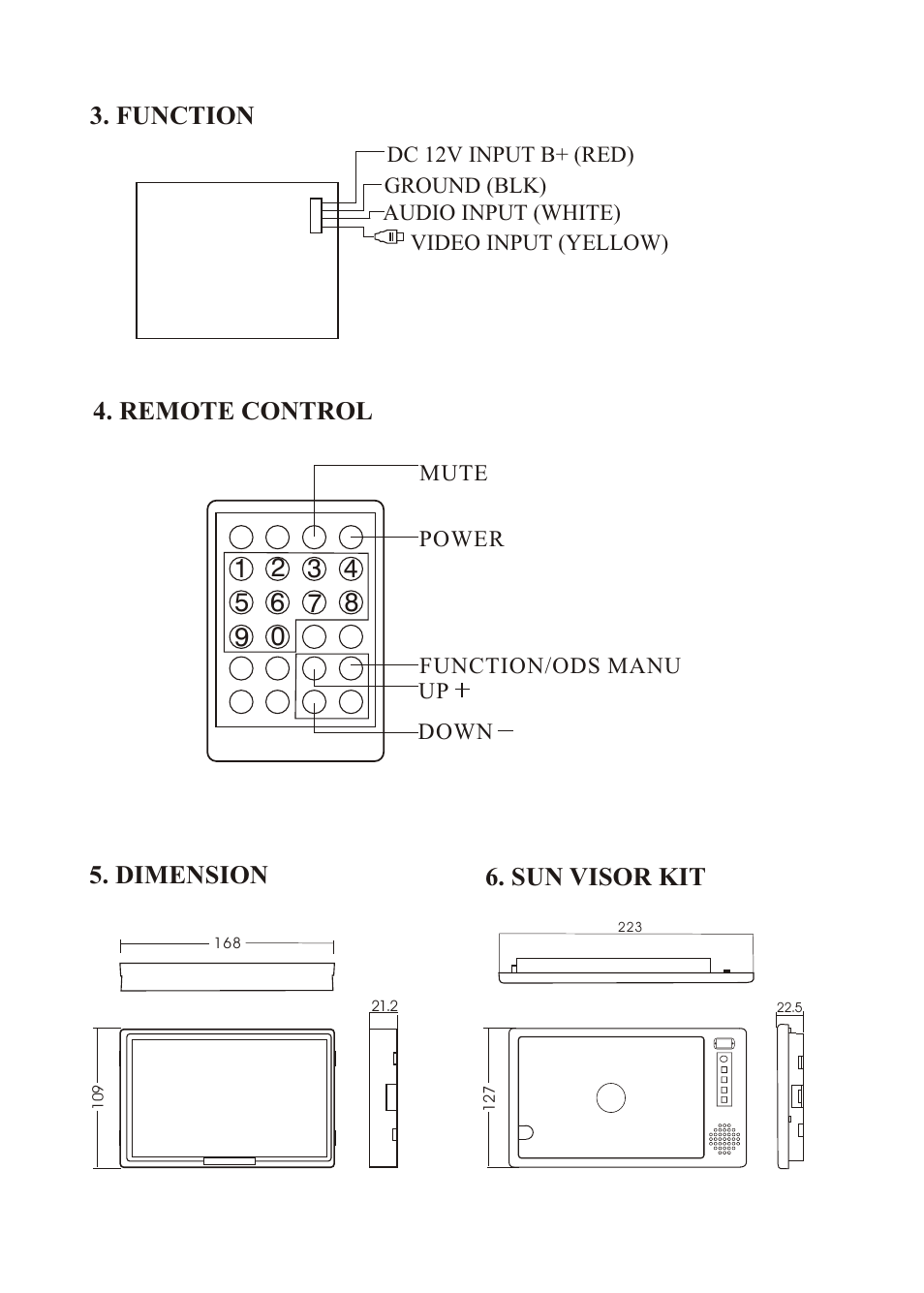 Function 5. dimension 6. sun visor kit, Remote control | PYLE Audio View Series PLVSMN7 User Manual | Page 3 / 3