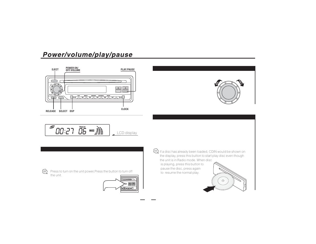 Dom random stop 5 6 clk cd bd, Power, Volume play/pause | PYLE Audio PLCD27 User Manual | Page 4 / 15