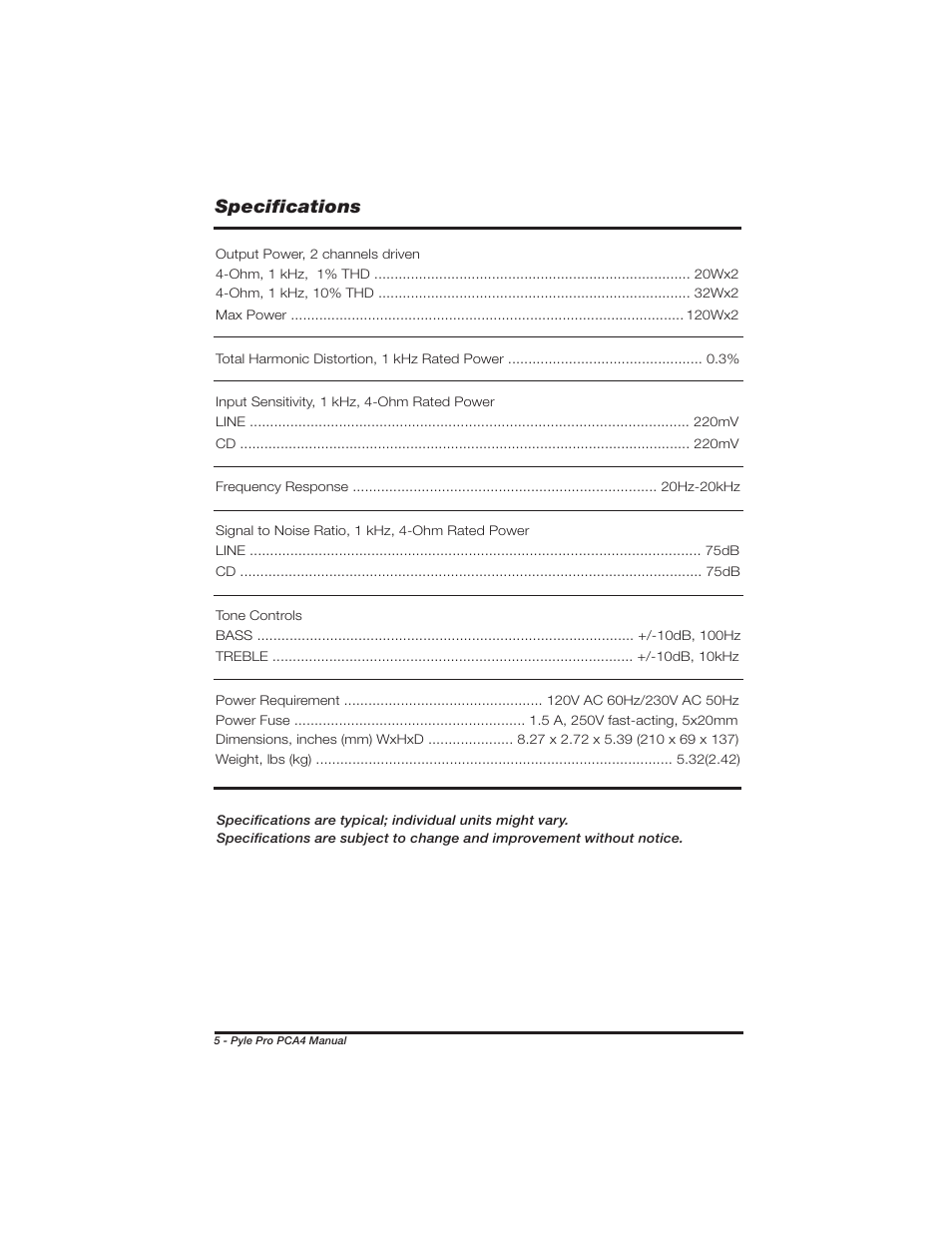 Specifications | PYLE Audio PCA4 User Manual | Page 6 / 8
