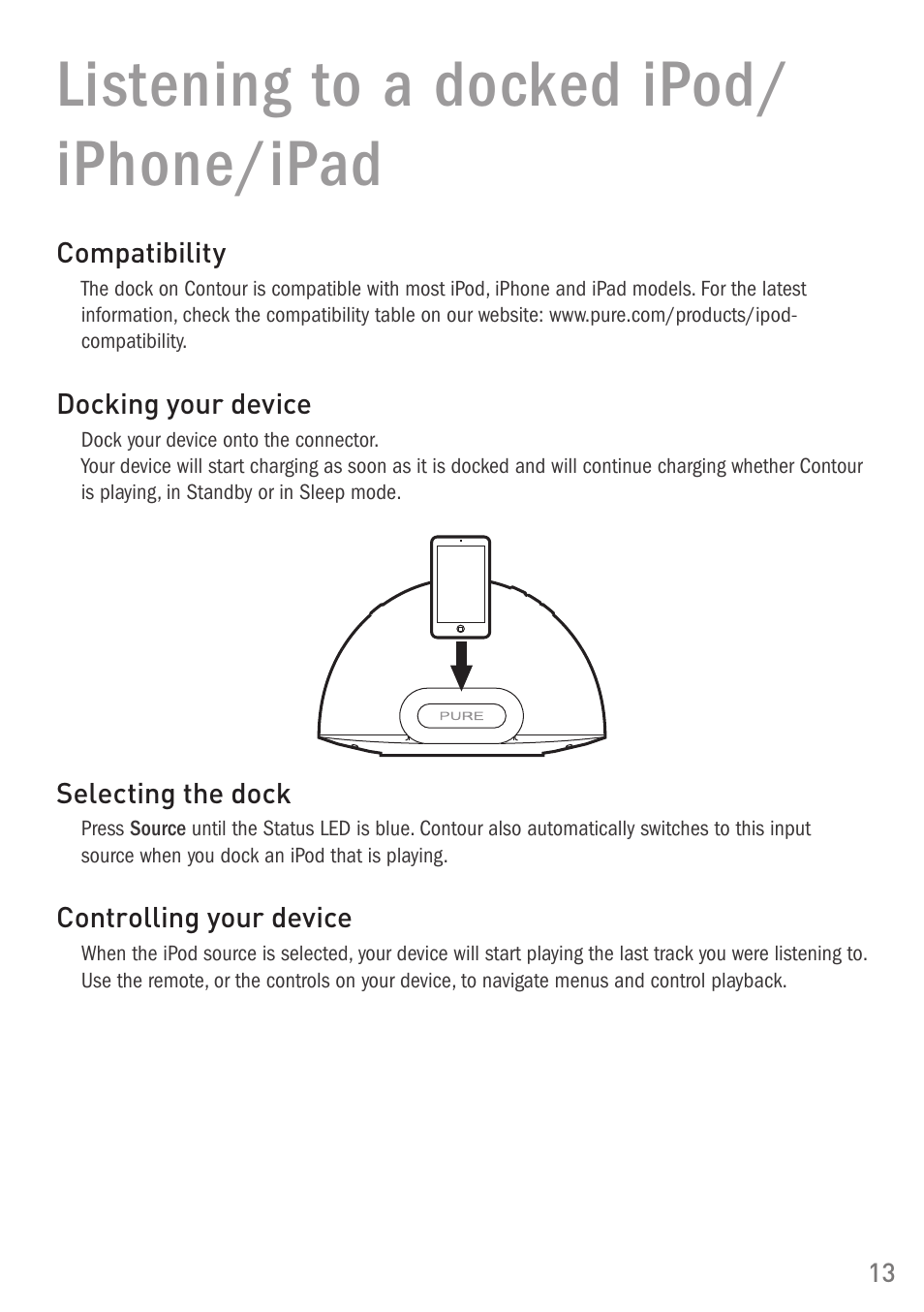 Listening to a docked ipod/ iphone/ipad | Pure Digital Pure Contour Air 200i User Manual | Page 13 / 28
