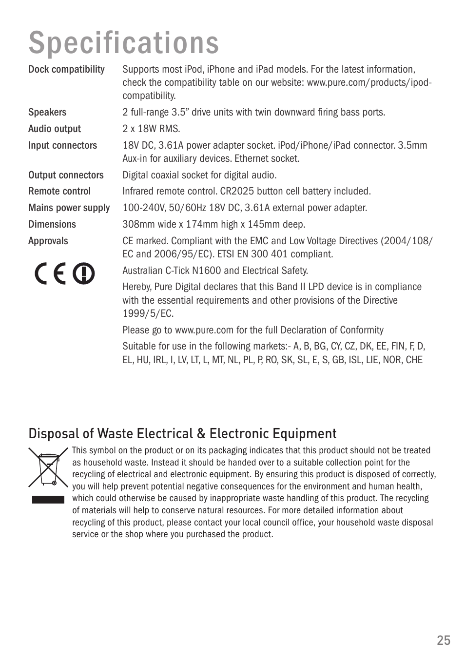 Specifications | Pure Digital Pure Contour Air 200i User Manual | Page 25 / 28