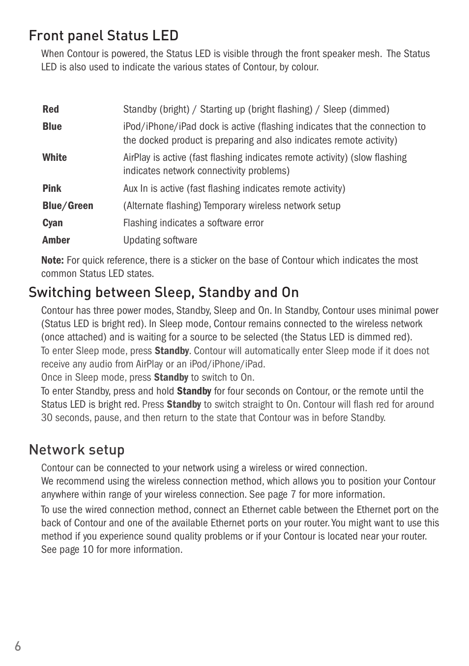 Switching between sleep, standby and on, Network setup, Front panel status led | Pure Digital Pure Contour Air 200i User Manual | Page 6 / 28