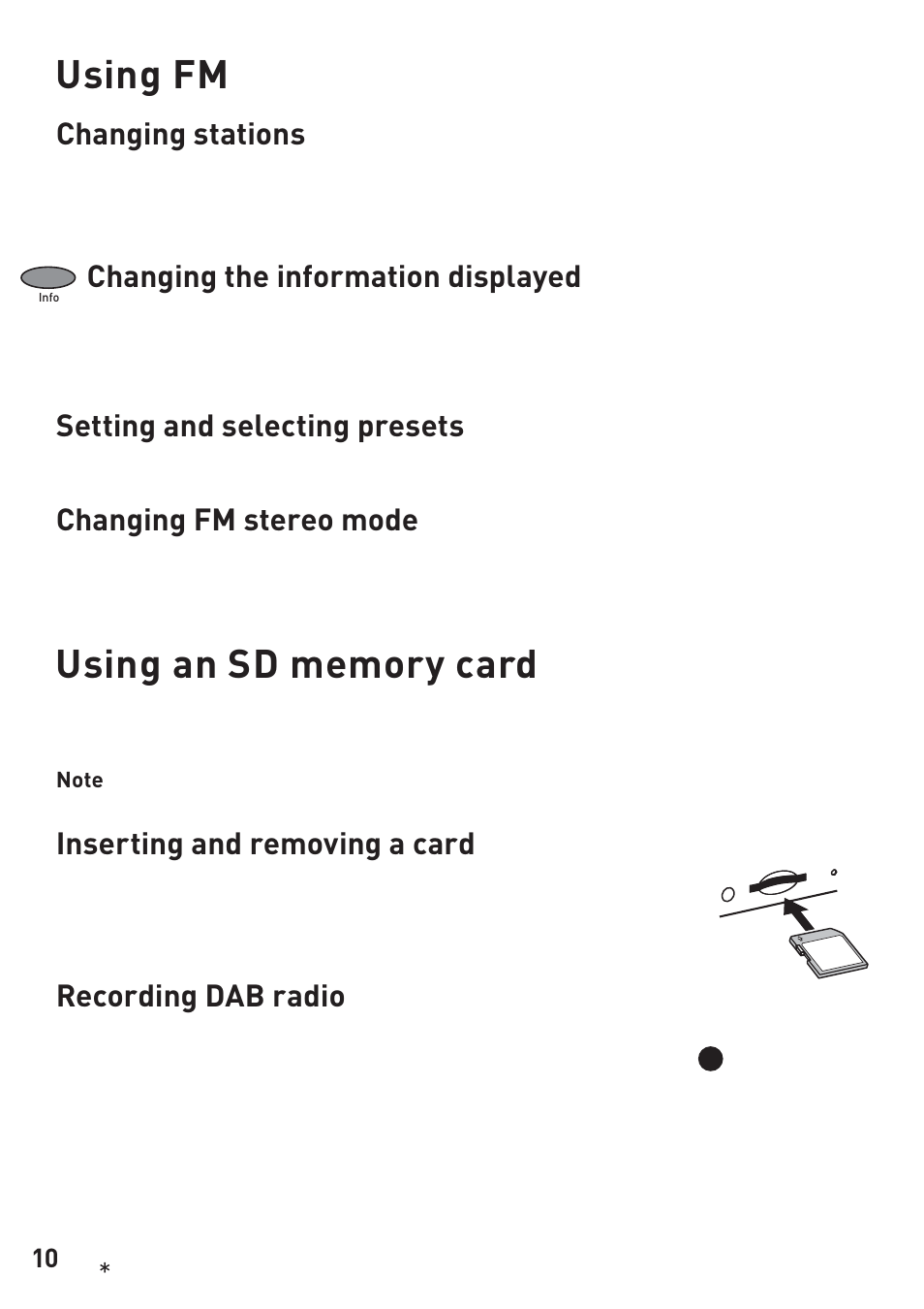 Using fm, Changing stations, Changing the information displayed | Setting and selecting presets, Changing fm stereo mode, Inserting and removing a card, Recording dab radio | Pure Evoke-3 User Manual | Page 12 / 20