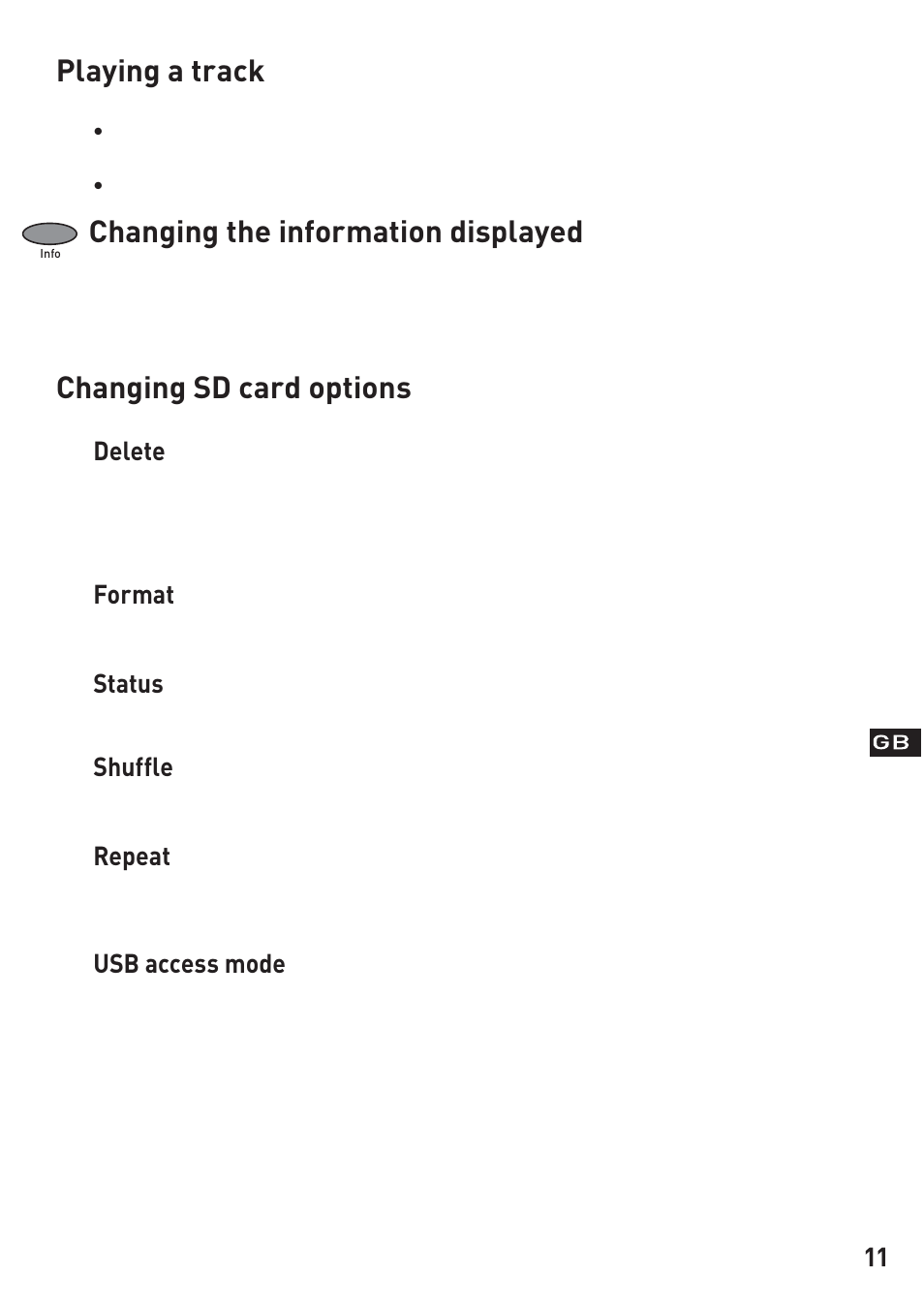 Playing a track, Changing the information displayed, Changing sd card options | Pure Evoke-3 User Manual | Page 13 / 20