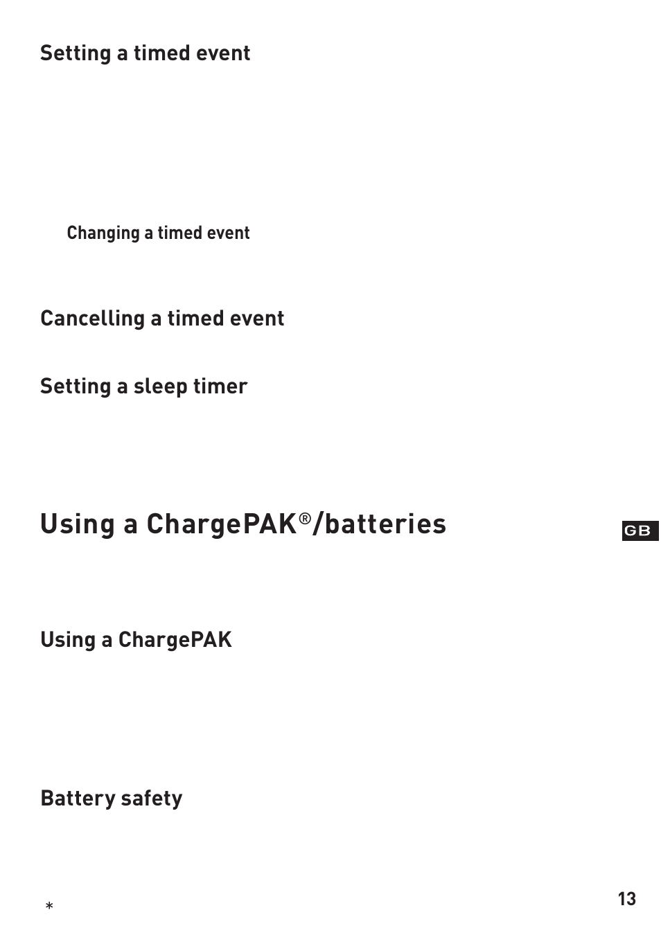 Using a chargepak, Batteries, Setting a timed event | Cancelling a timed event, Setting a sleep timer, Battery safety | Pure Evoke-3 User Manual | Page 15 / 20