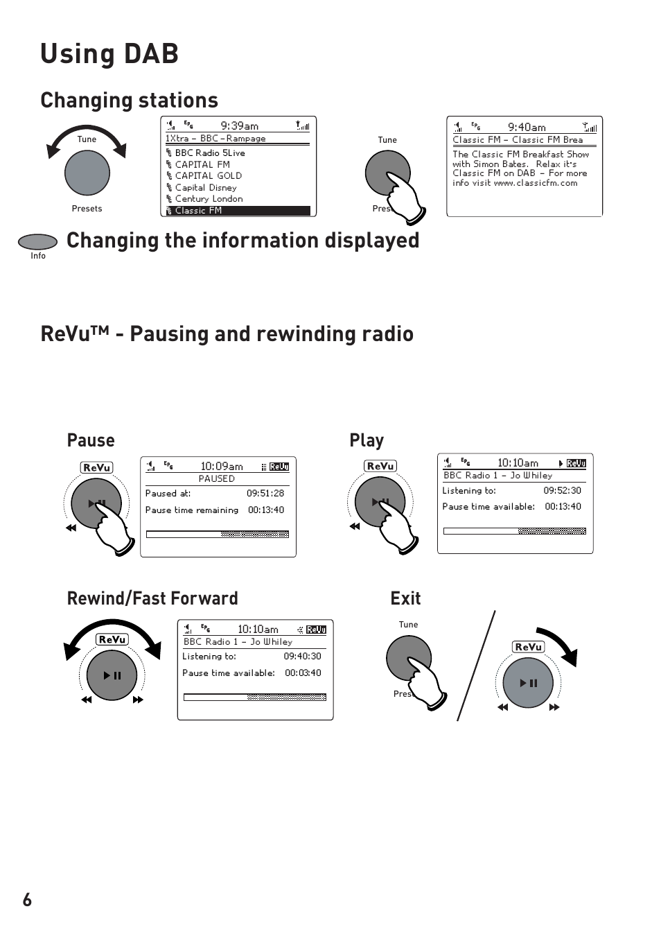 Using dab, Revu™ - pausing and rewinding radio, Pause play rewind/fast forward exit | Pure Evoke-3 User Manual | Page 8 / 20