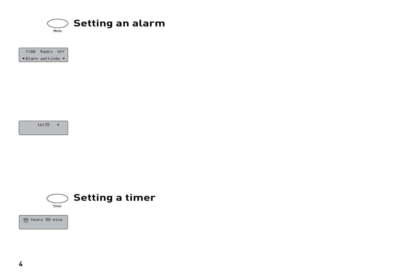 Setting an alarm, Setting a timer | Pure Evoke-1XT User Manual | Page 4 / 8
