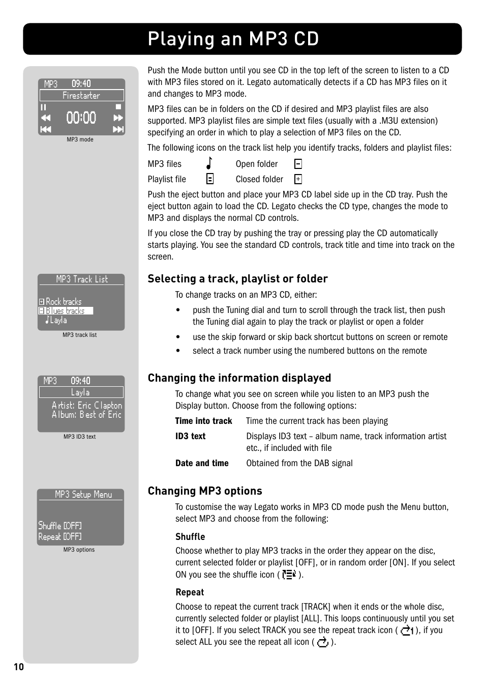 Playing an mp3 cd, Changing the information displayed, Changing mp3 options | Selecting a track, playlist or folder | Pure Legato - User Guide User Manual | Page 12 / 20
