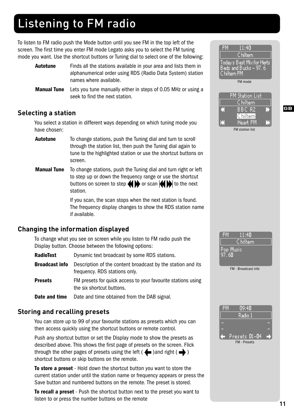 Listening to fm radio, Selecting a station, Changing the information displayed | Storing and recalling presets | Pure Legato - User Guide User Manual | Page 13 / 20