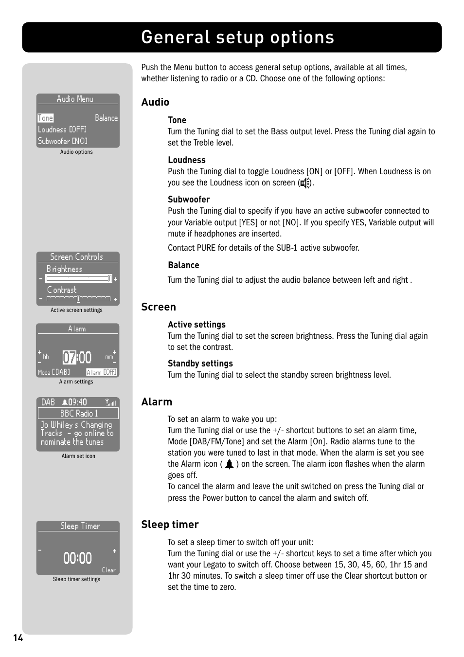General setup options, Audio, Screen | Alarm, Sleep timer, Audio screen alarm sleep timer, Gr eat brit ain 14 | Pure Legato - User Guide User Manual | Page 16 / 20