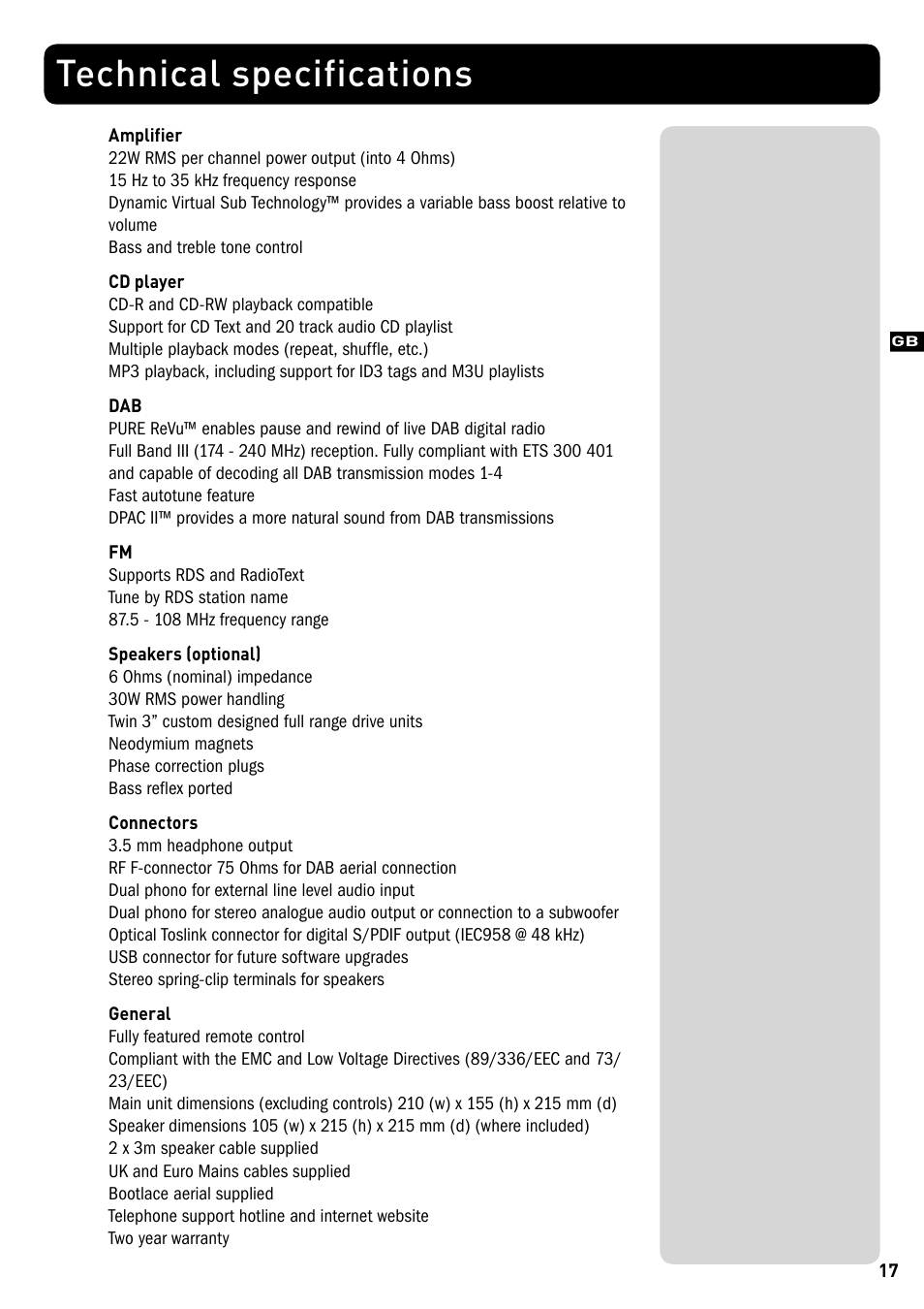 Technical specifications | Pure Legato - User Guide User Manual | Page 19 / 20