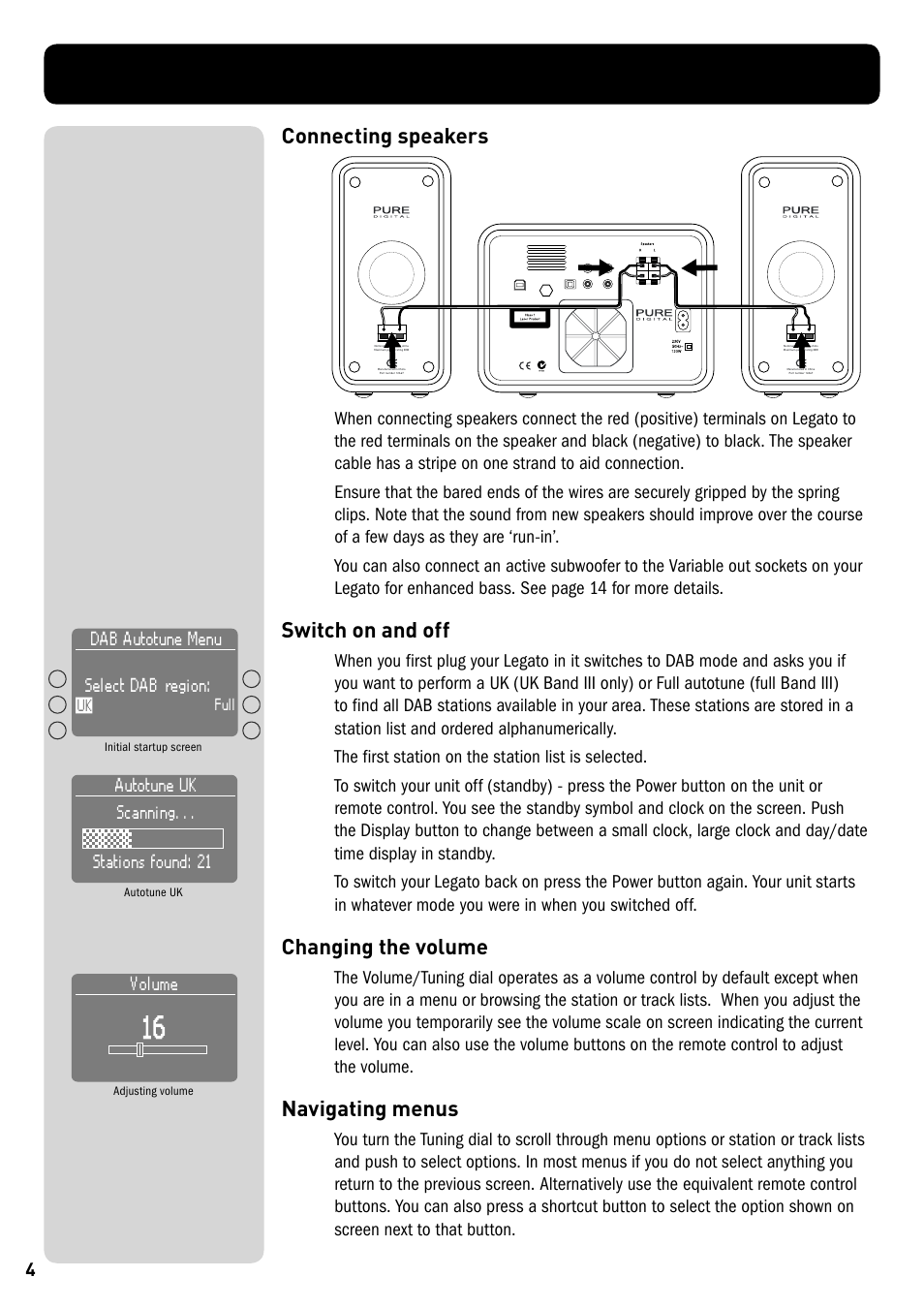 Connecting speakers, Switch on and off, Changing the volume | Navigating menus, Gr eat brit ain 4 | Pure Legato - User Guide User Manual | Page 6 / 20