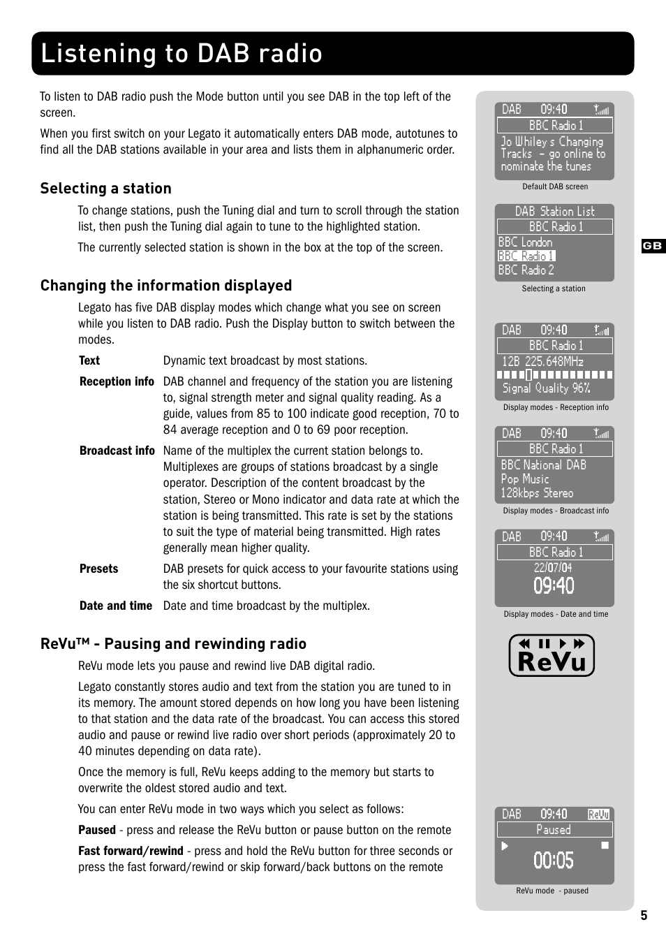 Listening to dab radio, Selecting a station, Changing the information displayed | Revu™ - pausing and rewinding radio | Pure Legato - User Guide User Manual | Page 7 / 20