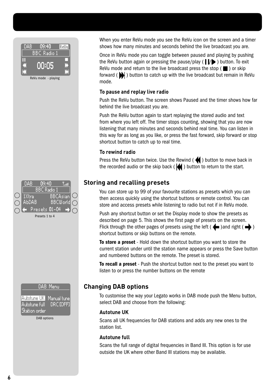 Storing and recalling presets, Changing dab options, Storing and recalling presets changing dab options | Pure Legato - User Guide User Manual | Page 8 / 20