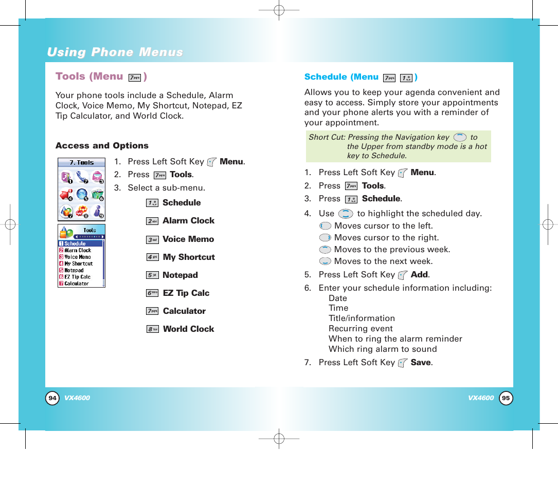 Using phone menus, Tools (menu ) | Pure Digital VX4600 User Manual | Page 49 / 80