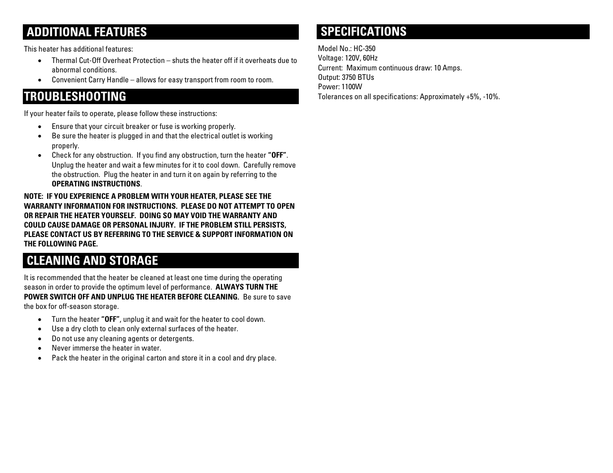 Additional features, Troubleshooting, Cleaning and storage | Specifications | Pelonis DISC FURNACE HC-350 User Manual | Page 3 / 4