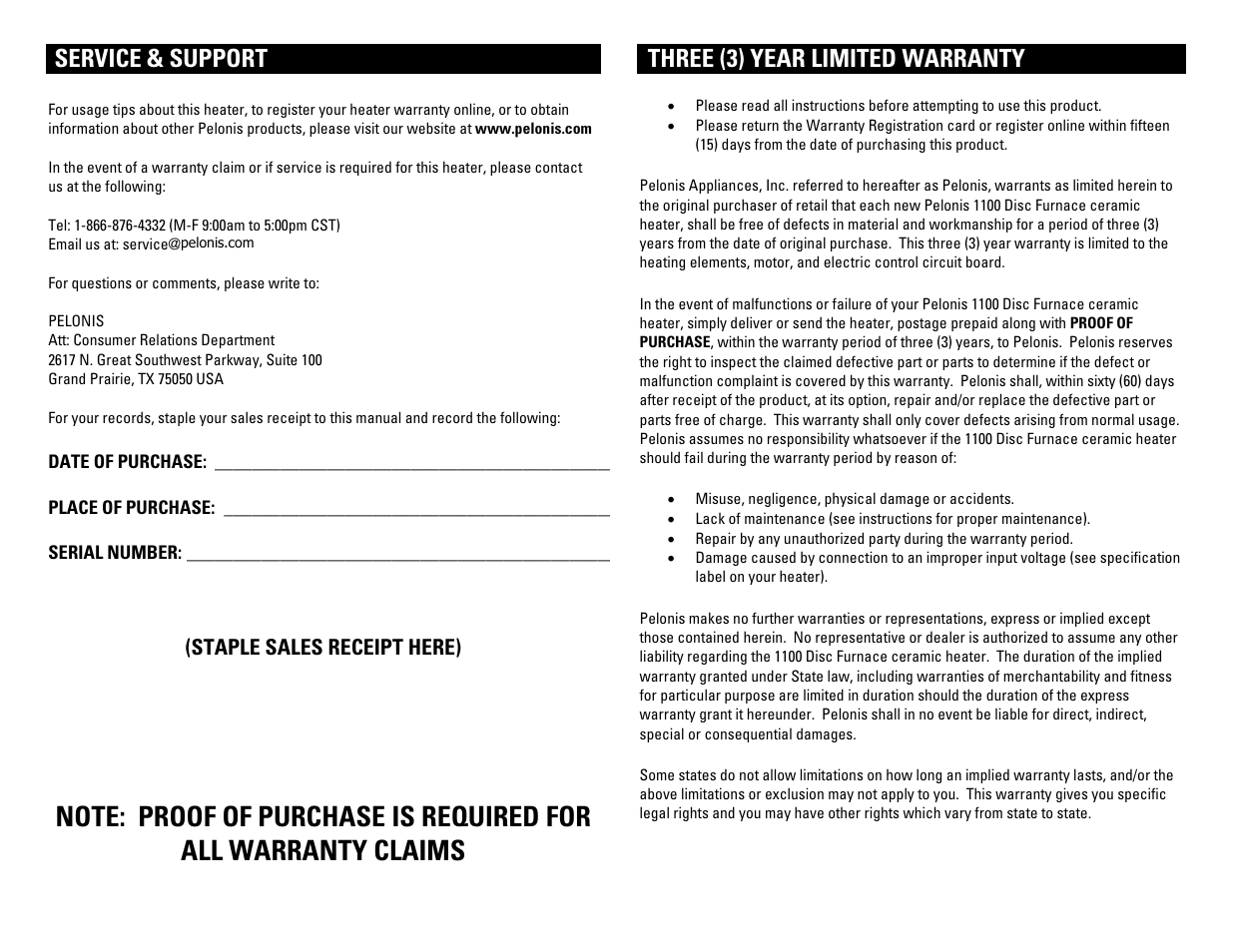 Service & support, Three (3) year limited warranty | Pelonis DISC FURNACE HC-350 User Manual | Page 4 / 4