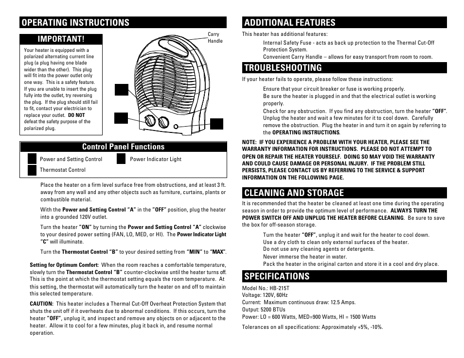Operating instructions, Additional features, Troubleshooting | Cleaning and storage, Specifications, Important, Ca b control panel functions, A b c | Pelonis HB-215T User Manual | Page 2 / 6