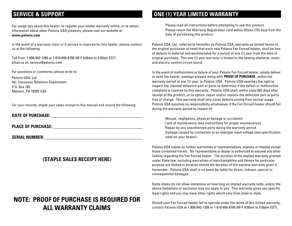 Service & support, One (1) year limited warranty, Staple sales receipt here) | Pelonis HB-215T User Manual | Page 3 / 6