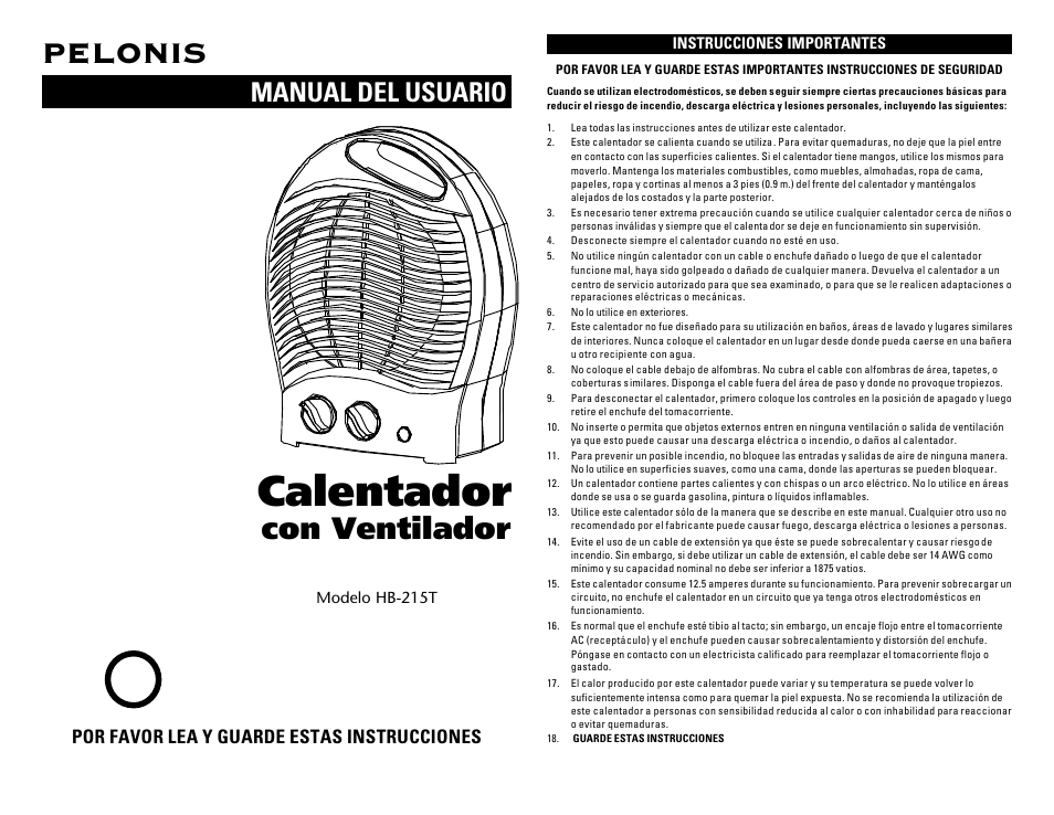 Calentador, Pelonis, Con ventilador | Manual del usuario, Por favor lea y guarde estas instrucciones | Pelonis HB-215T User Manual | Page 4 / 6