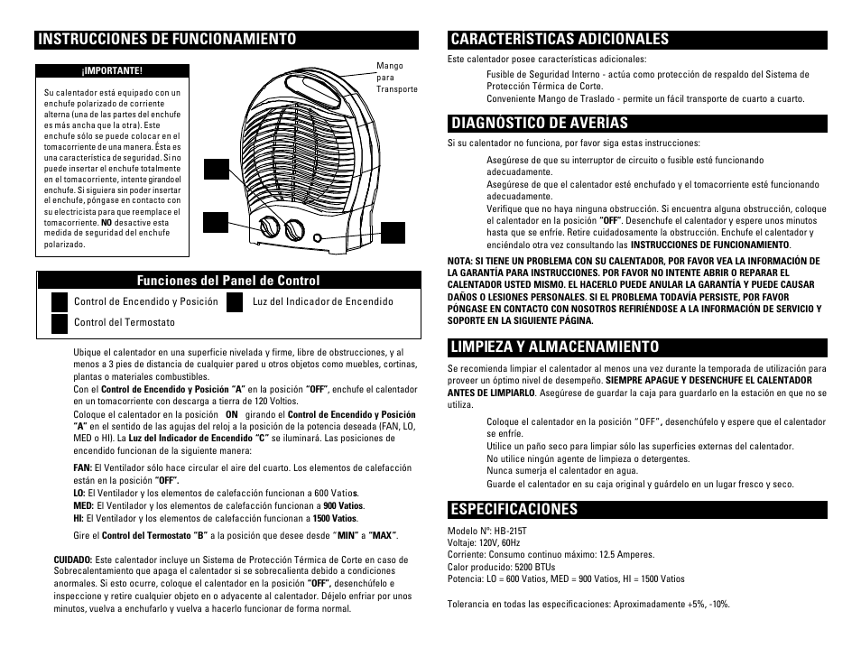 Instrucciones de funcionamiento, Características adicionales, Diagnóstico de averías | Limpieza y almacenamiento, Especificaciones, Ca b, A b c, Funciones del panel de control | Pelonis HB-215T User Manual | Page 5 / 6