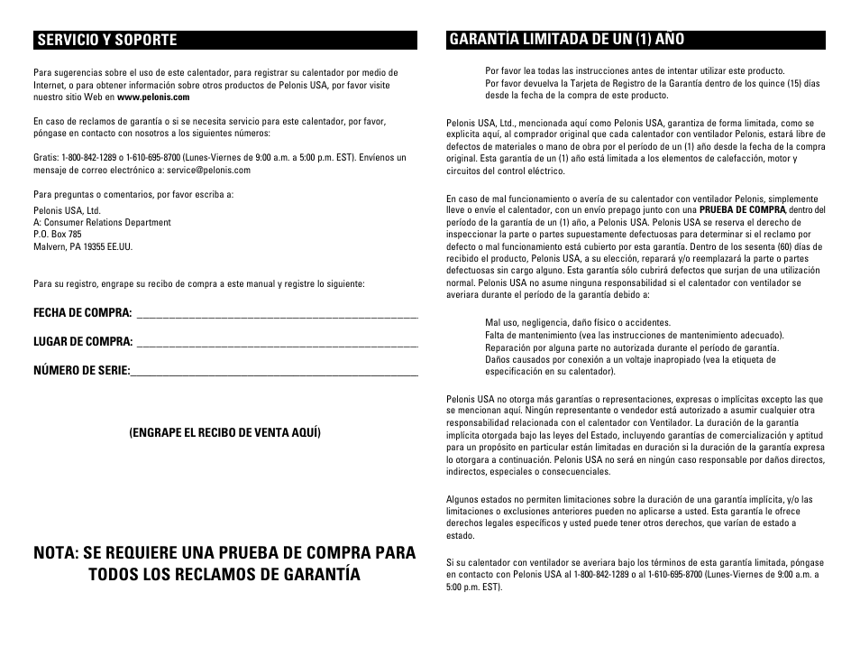 Servicio y soporte, Garantía limitada de un (1) año | Pelonis HB-215T User Manual | Page 6 / 6