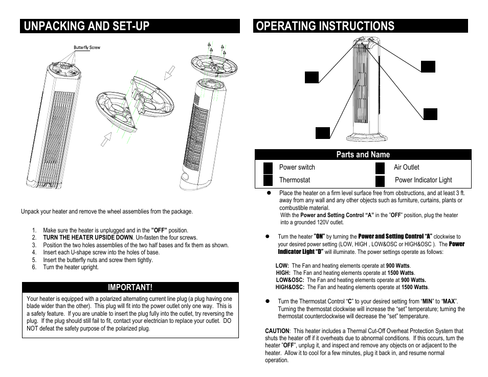 Operating instructions, Unpacking and set-up | Pelonis HC-0113 User Manual | Page 2 / 4
