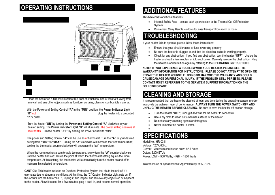 Additional features, Troubleshooting, Cleaning and storage | Specifications, Operating instructions | Pelonis HR-0031 User Manual | Page 2 / 3