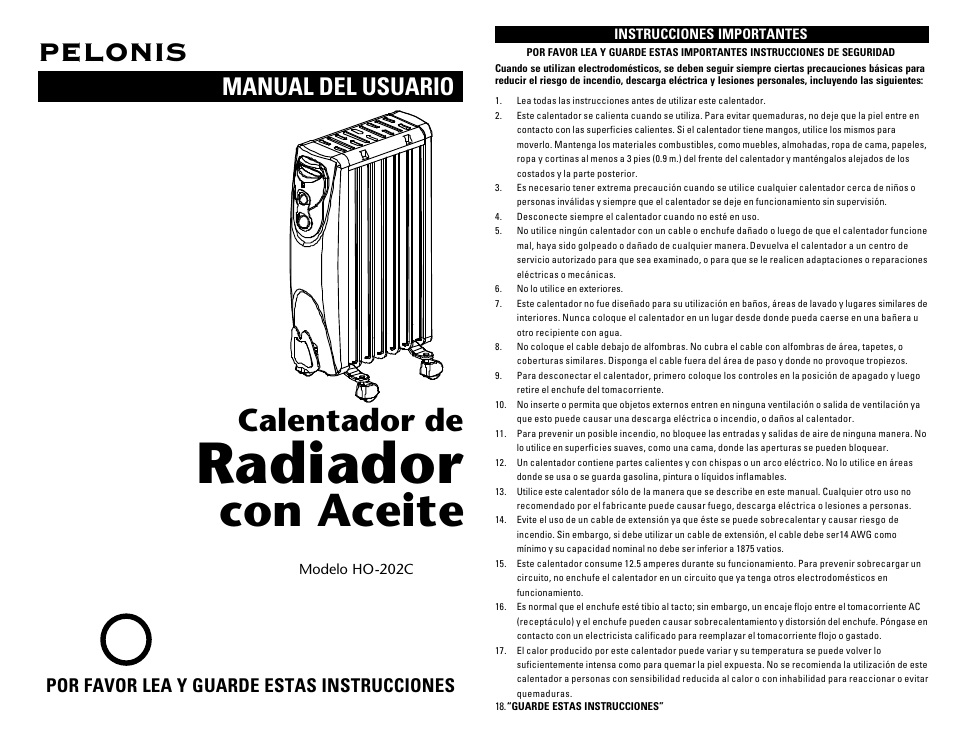 Radiador, Con aceite, Pelonis | Calentador de, Manual del usuario, Por favor lea y guarde estas instrucciones | Pelonis HO-202C User Manual | Page 4 / 6