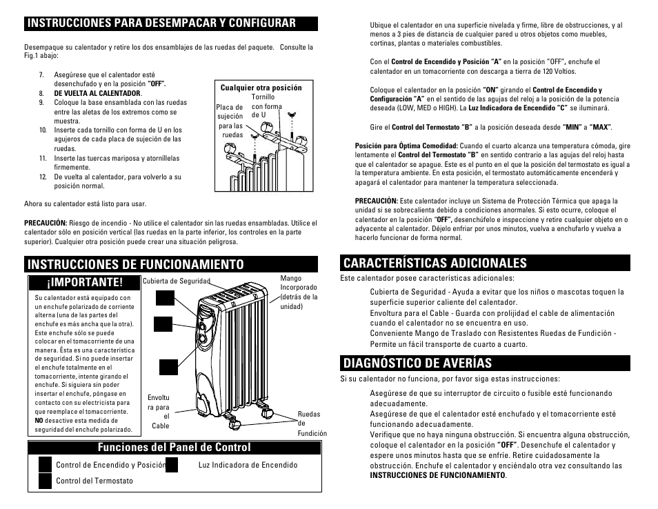 Instrucciones de funcionamiento, Características adicionales, Diagnóstico de averías | Instrucciones para desempacar y configurar, Importante, Cb a funciones del panel de control, A b c | Pelonis HO-202C User Manual | Page 5 / 6